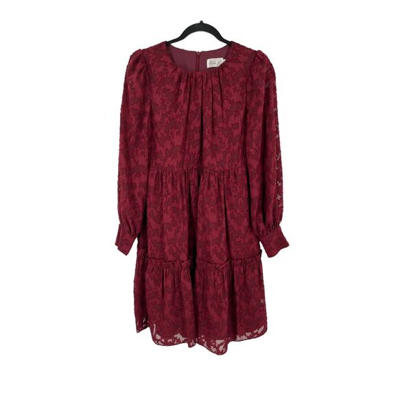Eliza J Dress floral long sleeve tiered dark red size 6 - Picture 2 of 7